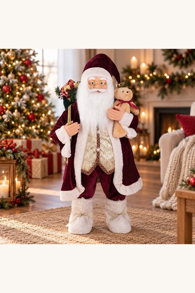 Comerivo Mos Craciun de 80cm, costum bordo catifea cu ursulet si accesorii aurii