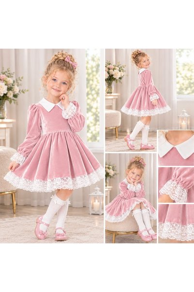 bright moon Girl's Silk Velvet Dress with Lace Details