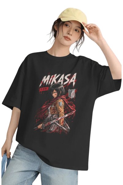 SEVBANO Tricou premium unisex oversize Mikasa Ackerman din anime-ul „Attack o...