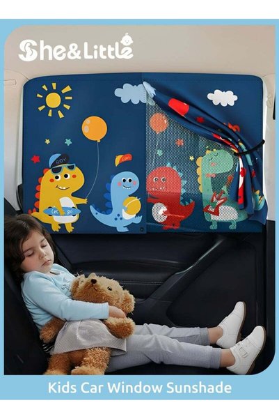 She&Little Magnetic Car Window Blackout Curtains Dinosaur Pattern Double-Laye...