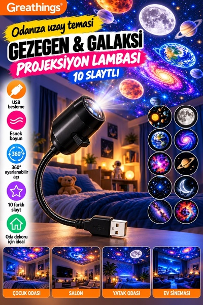 Greathings Siyah 20 cm USB Gezegen ve Galaksi Projeksiyon Lambası 10 Slaytlı ...