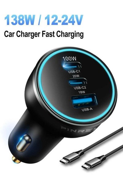 PINREK شاحن سيارة USB-C بقوة 200 واط، يدعم الشحن السريع، وشاحن سيارة مزدوج بق...
