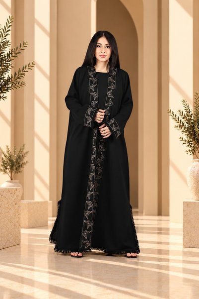 Abayat Lareen Black linen abaya with butterfly embroidery on the edges