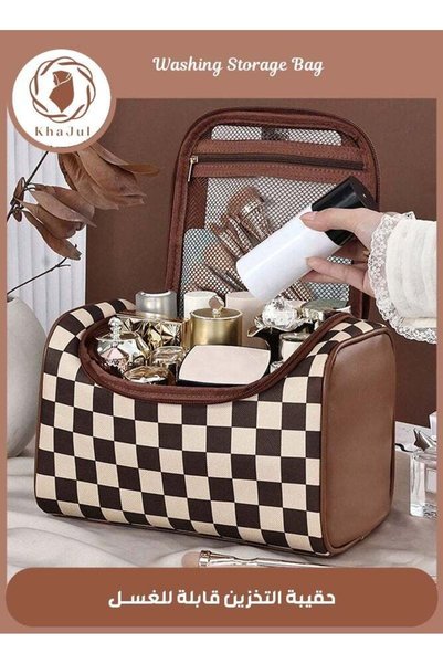 KHAJUL Makeup Bag for Women Portable Retro Checkered Pattern Cosmetic Organiz...