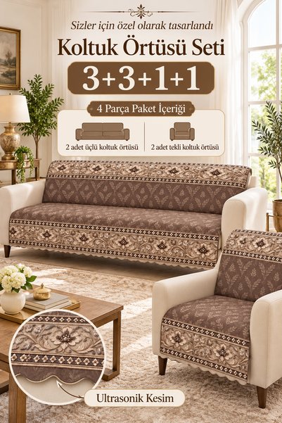 GECE MODA Çok Amaçlı Koltuk Örtüsü,Çekyat Örtüsü seti Kaymaz süngerli 3,3,1,1