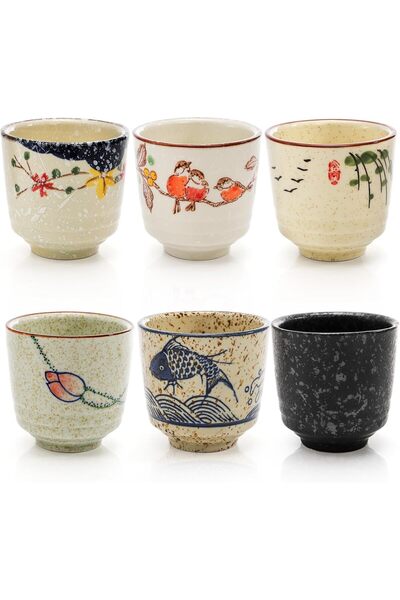 Yelajoy 6 Pcs Multicolor Japanese Tea Cups Set, 6oz Ceramic Retro Handleless ...