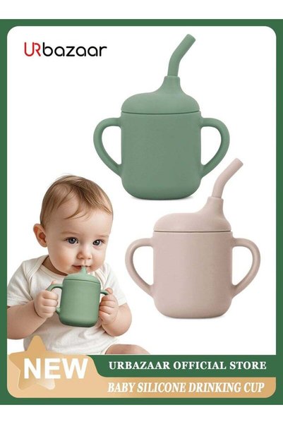 URbazaar 2 Pack Baby Training Cup 180ml, Silicone Sippy Cup with Handles, Lid...