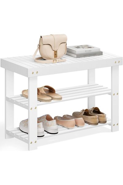 SONGMICS Shoe Rack Bench, 3-Tier Bamboo Shoe Storage Organizer, Entryway Benc...