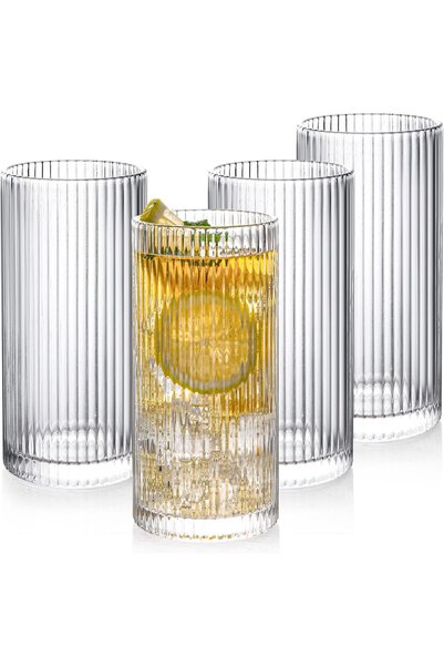 GENERAL Drinking Glasses with Origami Style Set of 4 Glass Cups, 12 oz Ribbed...