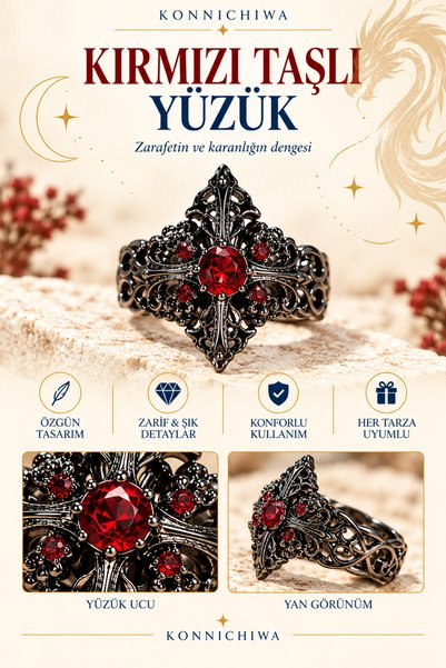 FG KONNİCHİWA Red Stone Ring with Gothic Motifs – A POWERFUL SYMBOL, A DISTIN...