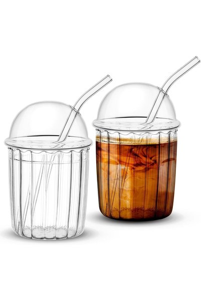 AZONEE 1 Piece Cute Drinking Glasses with Dome Lid and Straw, Reusable Wide M...