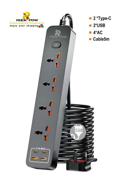 ROCK POW 5 meters Universal Extension Lead with Multiple Function UK Plug 3 P...