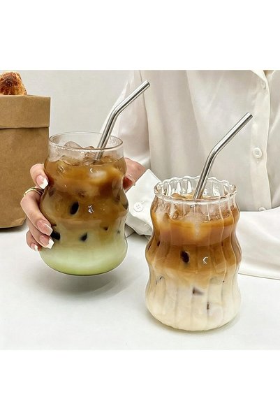 Generic 2 Pcs Ribbed Glass Cups with straw ，Aesthetic Glass Cups, Clear Textu...