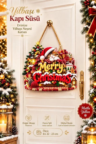 OKAVANGO Yılbaşı Uyuyan Kedili Ahşap Kapı yılbaşı temalı kapı süsü Dış Mekan Süslemeleri Noel Çelengi (32-23 cm)
