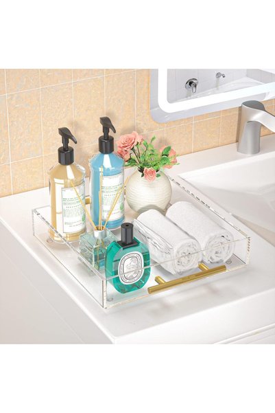 Slasa Clear Acrylic Serving Tray Gold Handles Decorative Coffee Appetizers Br...