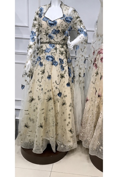 ceneric Elegant and Classic Beige Evening Dress with Blue Roses for a Touch o...