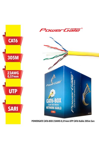 Bk Gift POWERGATE CAT6-BOX-YL, 23AWG, 0,57mm, UTP, CAT6 Kablo, 305m, Sarı