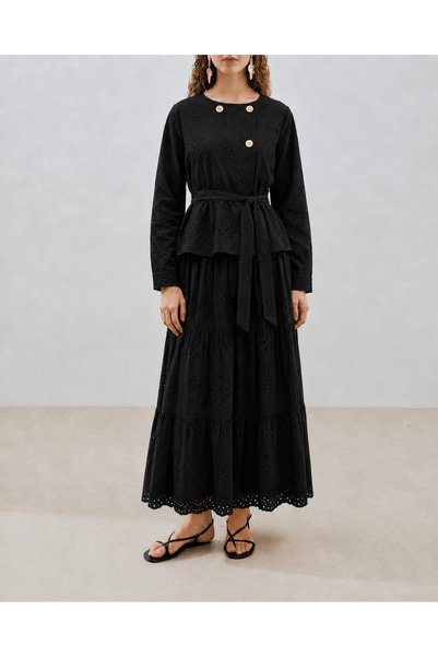 Hepsi Moda Eyelet Embroidery Set with Ruffled Skirt - 5003 - Black