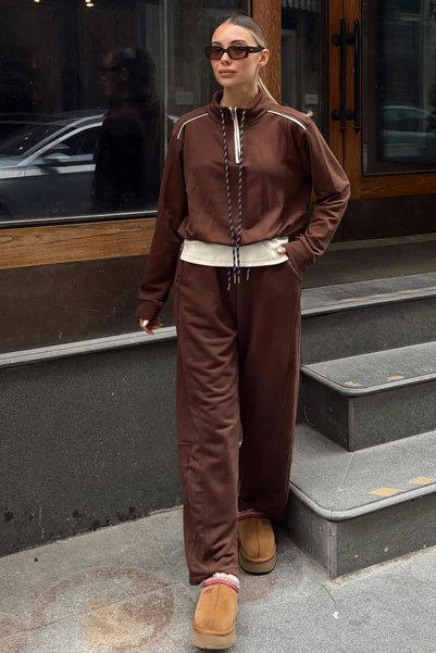 Swist Brown Ruched Paneled Cardigan and High-Waisted Sweatpants Women's Top a...