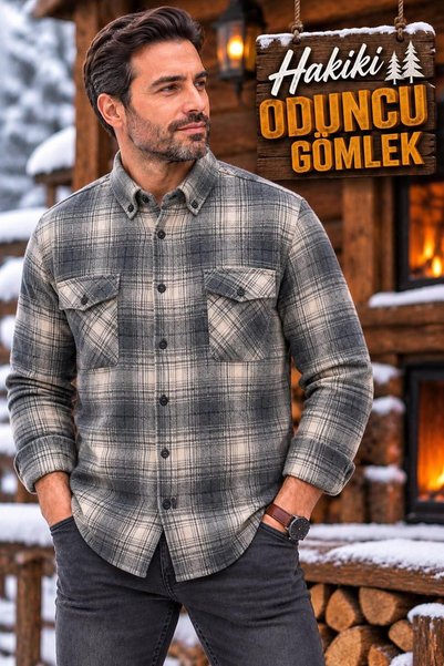 GÖMLEK GALERİSİ Men's Classic Flared Lumberjack Long-Sleeve Plaid Cotton Shir...