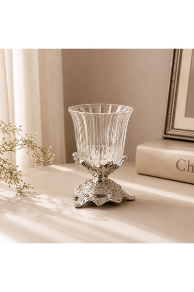 ELEGANT HOME Silver Metal Base Glass Spoon Holder Multi-Purpose