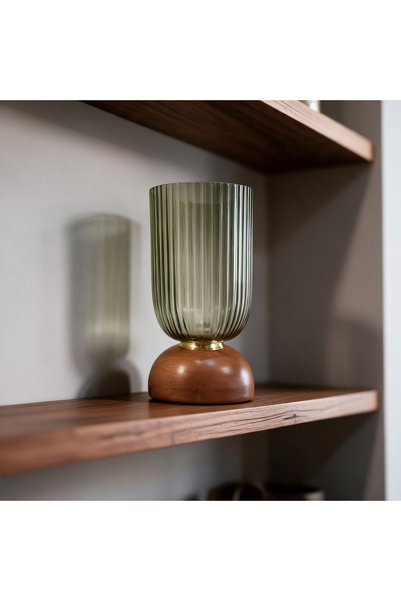 Generic Brand Fawza Indian Olive Green Glass with a Wooden Base.