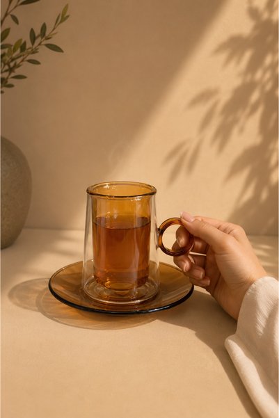 ELEGANT HOME Honey Double Glaze Glass Tea Mug Set - 6 Cups with Saucers