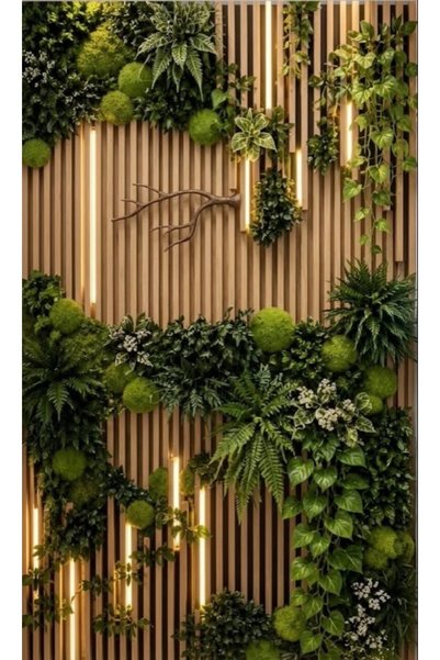 zeyrada Premium Özel Tasarım Modern 3D Efektli Işıklı Ahşap Çıtalı, Yosun ve ...
