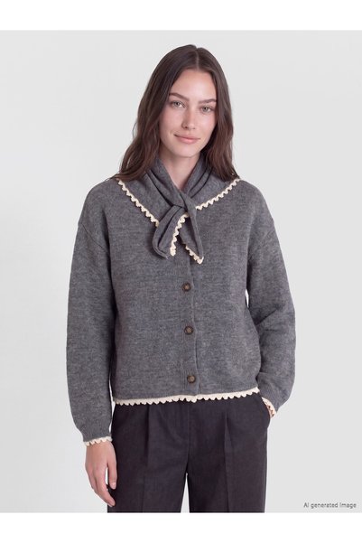 LC Waikiki Lcw Modest Gray Knitwear Plain Women's Cardigan with Nevavm Differ...