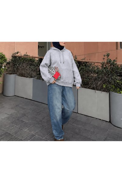 Hepsi Moda Hooded Sweatshirt with Kangaroo Pocket - 5949 - Gray (Pre-Order)