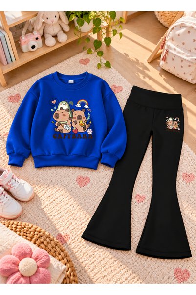 LORVEX Girls' Flared Leggings Set with Printed Crew Neck Sweatshirt—3-Ply Bru...