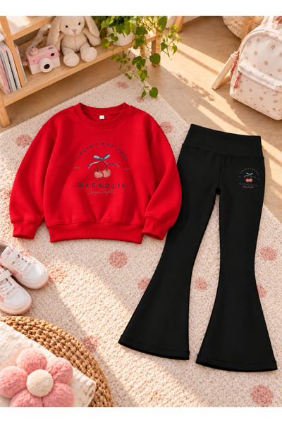 LORVEX Girls' Flared Leggings Set with Printed Crew Neck Sweatshirt—3-Ply Bru...
