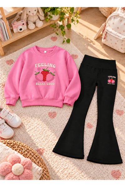 VODEXA Girls' Flared Leggings Set with Crew Neck Printed Sweatshirt—3-Ply Bru...