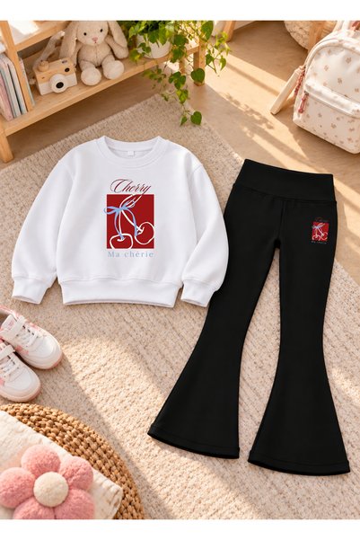 LORVEX Girls' Flared Leggings Set with Printed Crew Neck Sweatshirt—3-Ply Bru...