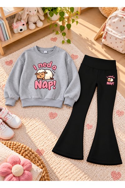 LORVEX Girls' Flared Leggings Set with Printed Crew Neck Sweatshirt—3-Ply Bru...