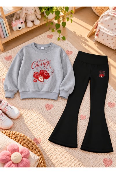 LORVEX Girls' Flared Leggings Set with Printed Crew Neck Sweatshirt—3-Ply Bru...