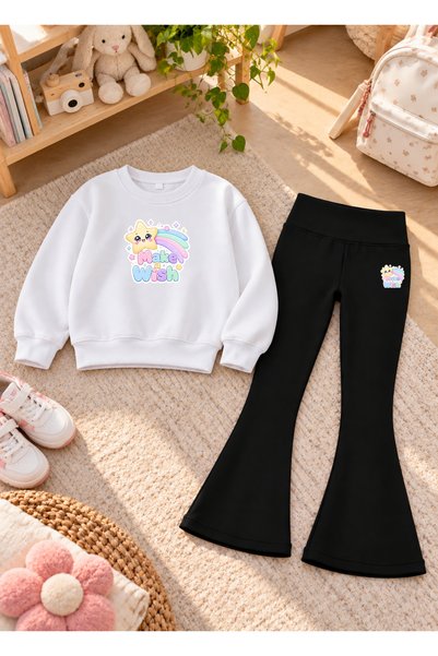 VODEXA Girls' Flared Leggings Set with Crew Neck Printed Sweatshirt—3-Ply Bru...