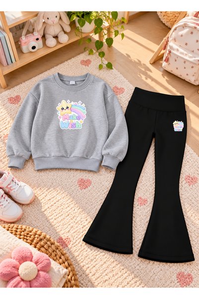 VODEXA Girls' Flared Leggings Set with Crew Neck Printed Sweatshirt—3-Ply Bru...