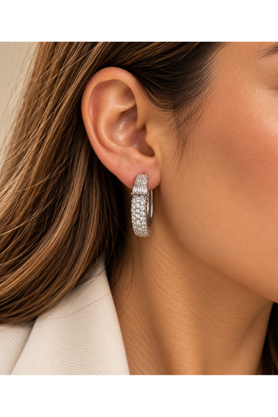 ACAR TAKI XUPING SILVER-COLORED TEXTURED HOOP EARRINGS WITH ZIRCON STONES ACR...
