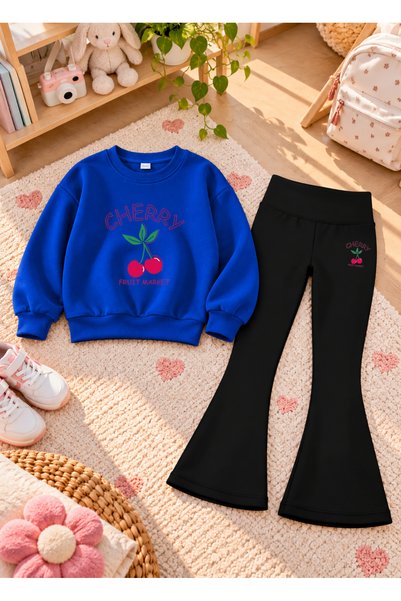 VODEXA Girls' Flared Leggings Set with Crew Neck Printed Sweatshirt—3-Ply Bru...
