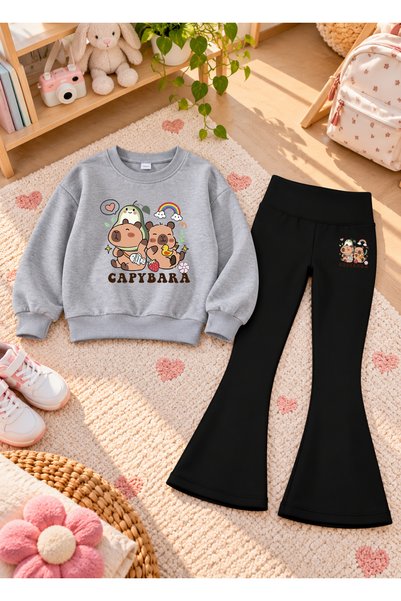 VODEXA Girls' Flared Leggings Set with Crew Neck Printed Sweatshirt—3-Ply Bru...