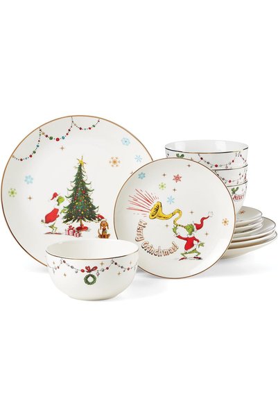 Lenox Merry Grinchmas 12-Piece Dinnerware Set, 14.33, Green