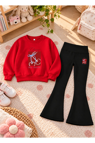 LORVEX Girls' Flared Leggings Set with Printed Crew Neck Sweatshirt—3-Ply Bru...