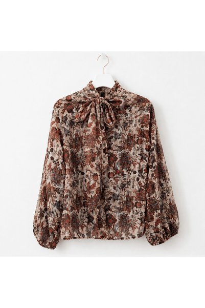 Hepsi Moda Chiffon Blouse with Shawl-Style Neckline - 611 - Ecru & Burgundy