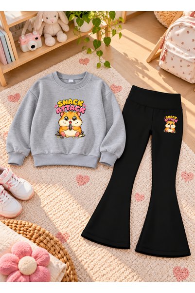 VODEXA Girls' Flared Leggings Set with Crew Neck Printed Sweatshirt—3-Ply Bru...