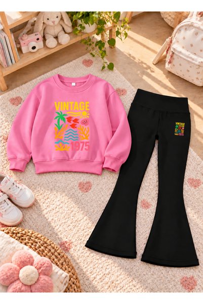 VODEXA Girls' Flared Leggings Set with Crew Neck Printed Sweatshirt—3-Ply Bru...