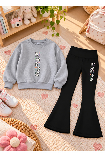 LORVEX Girls' Flared Leggings Set with Printed Crew Neck Sweatshirt—3-Ply Bru...