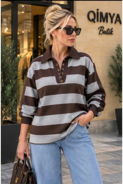 QİMYA BUTİK BEBE PLUS Women's Horizontally Striped, Snap-Front, Polo Collar, ...