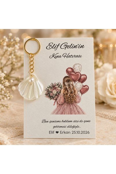 TALIADESIGN Gelin Hatırası 10 Adet İstiridye Anahtarlık Pembe Elbiseli Kartlı | Kına Düğün Söz Nişan Hediyeliği