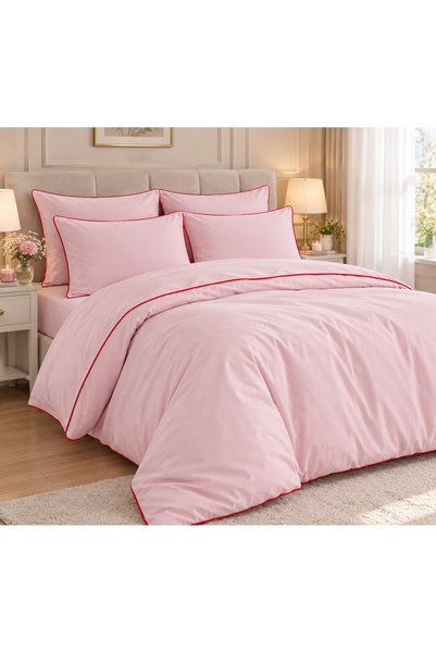 calinahome Powder Pink and Red-Piped Double-Size Duvet Cover Set (100% Cotton)